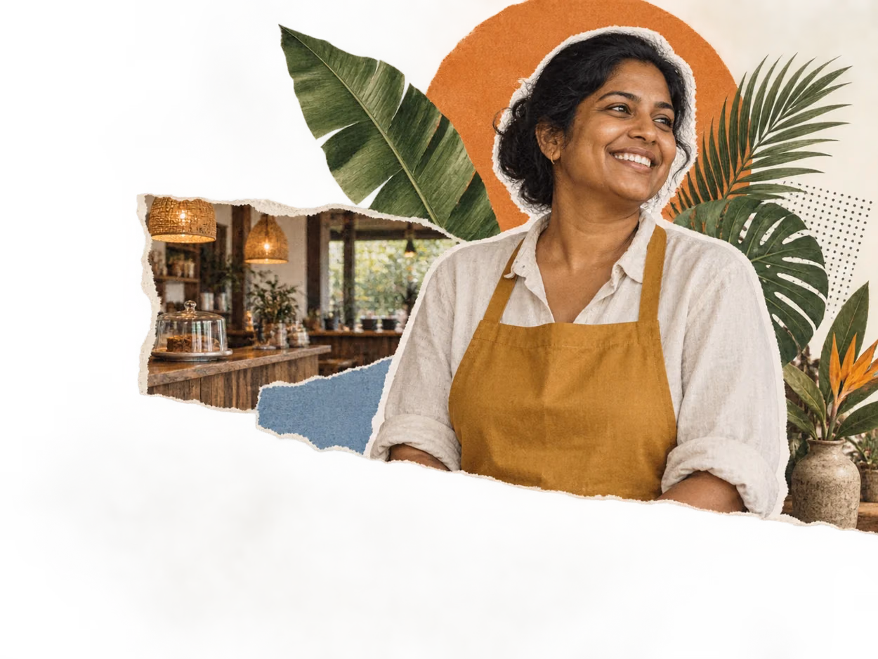 Paper collage of a smiling Sri Lankan café owner with tropical plants and colourful paper